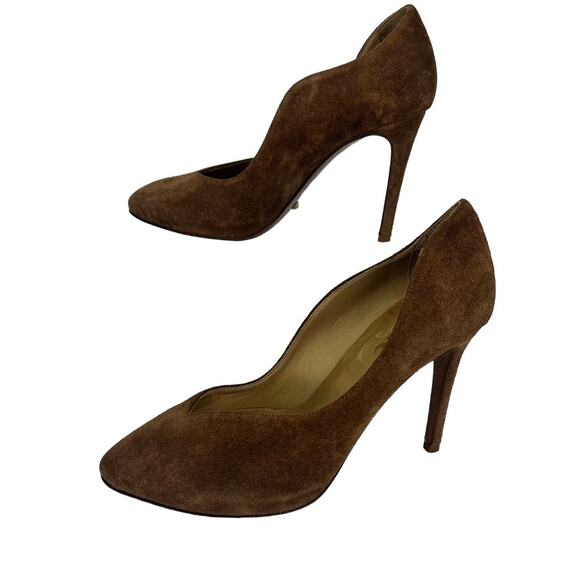 Acne Heel Pumps Heels 37 Brown Suede Leather Scallop Edge Made Italy - Picture 7 of 11